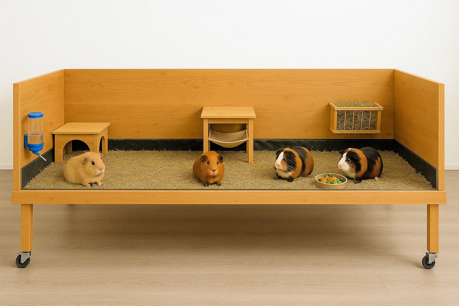 KI generiert, Design und Gestaltung by Eva-Maria Ganslmeier Holzgehege für Meerschweinchen auf Rollen